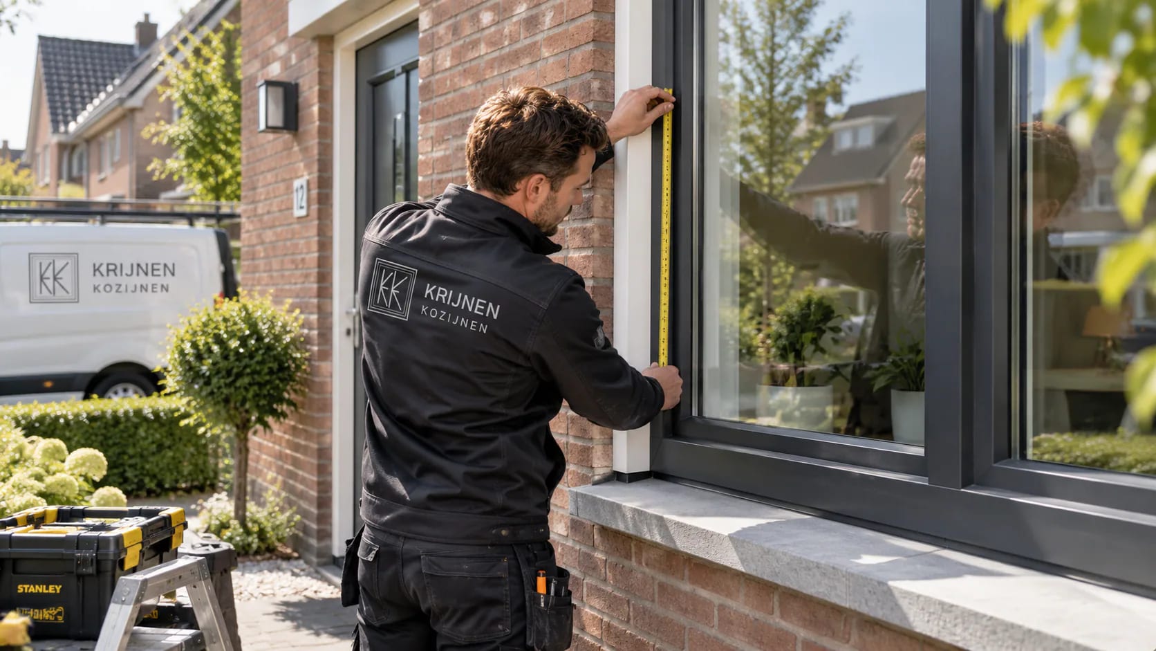 Monteur meet een antraciet kozijn in een bakstenen gevel in