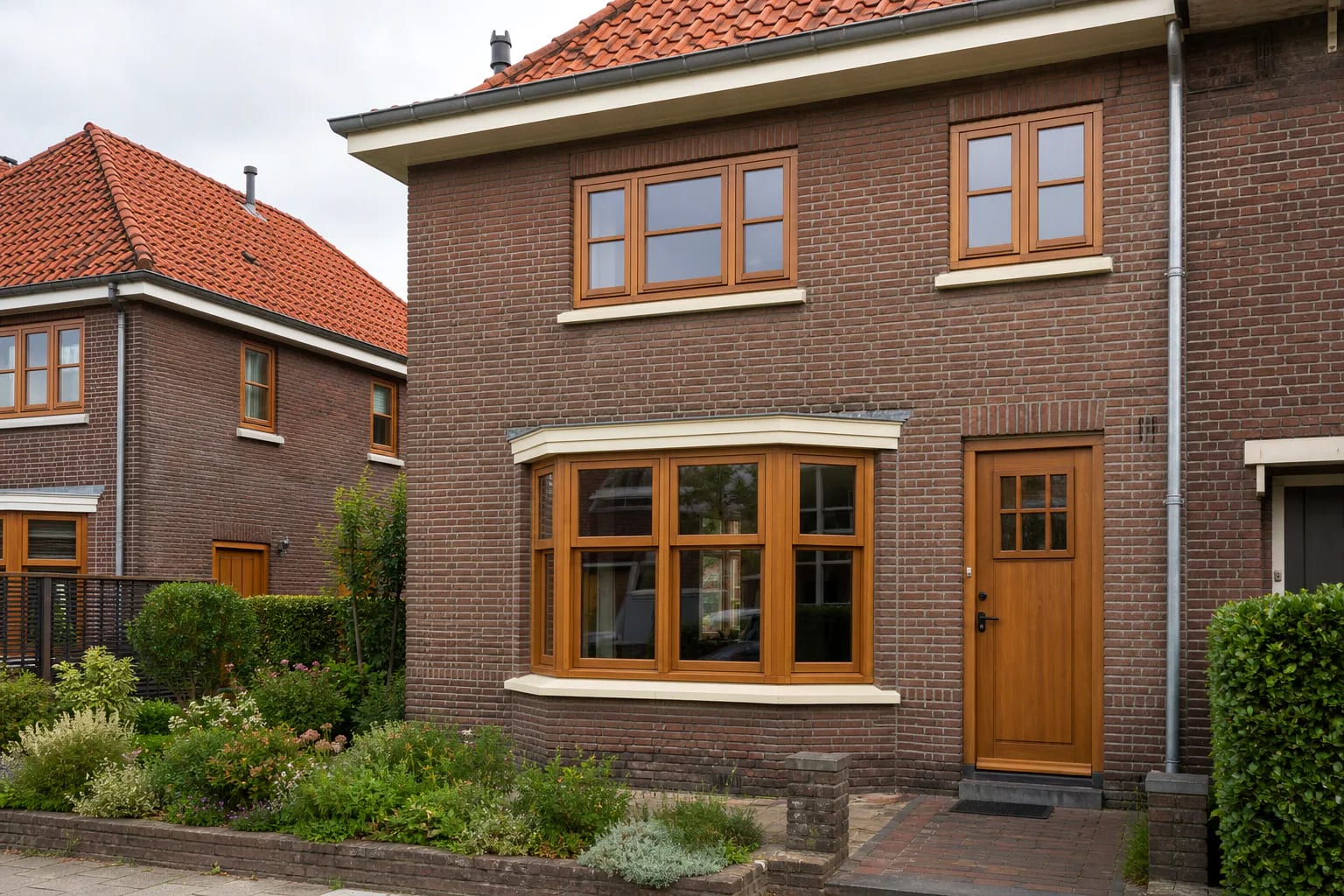 Nederlandse bakstenen woning tijdens kozijnrenovatie, met houten kaders en een karakteristieke erker