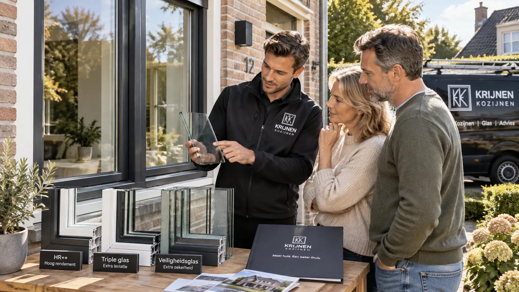 Adviseur toont HR++ en triple-glasmonsters aan bewoners bij de woning