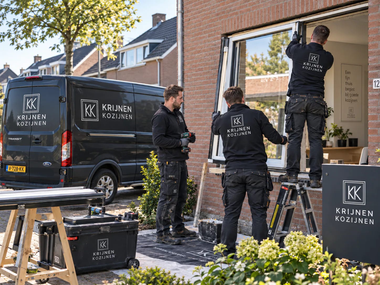 Drie monteurs van Krijnen Kozijnen vervangen een kozijn in een bakstenen gevel