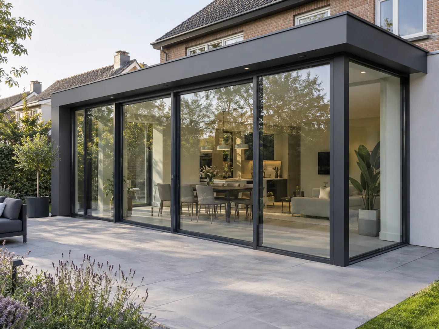 Aluminium schuifpui in een uitbouw, met slanke antraciet kaders en een grote glaspartij naar het terras