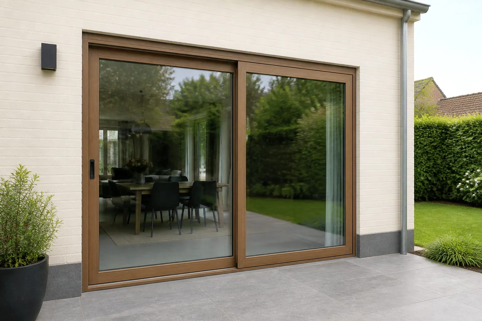 Tweedelige schuifpui in houtlook, met houtnerf kaders en een opening naar het terras
